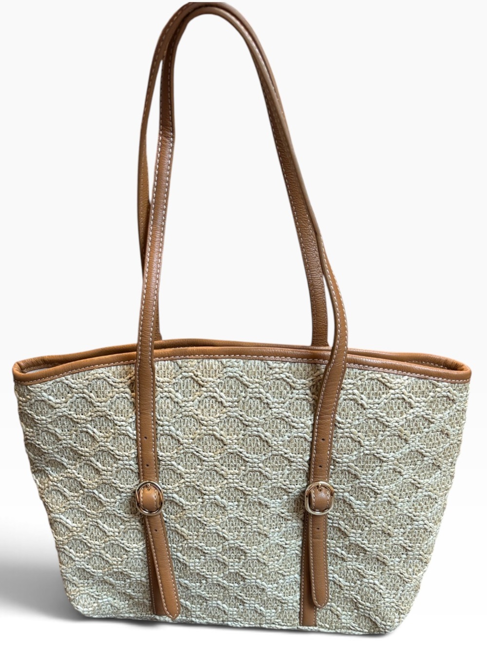 Talbots Woven Straw Tote Bag Brown Leather Trim